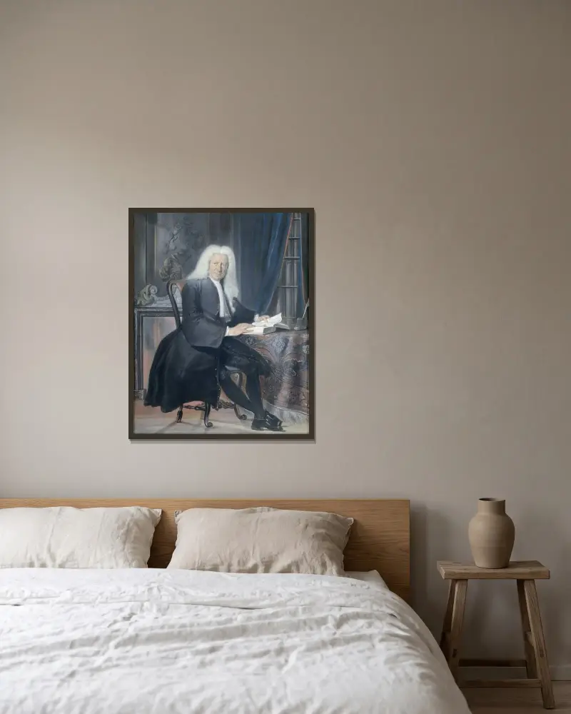 Carel Bouman (1673–1747), tobaksfaktor i Amsterdam och poet av Cornelis Troost inramad på en vägg