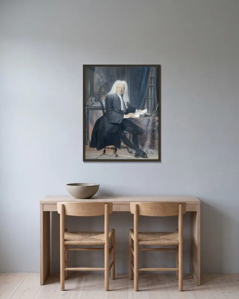 Carel Bouman (1673–1747), tobaksfaktor i Amsterdam och poet av Cornelis Troost inramad på en vägg
