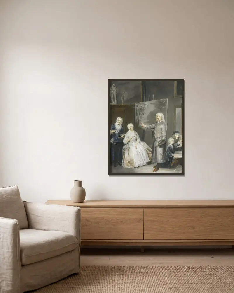 De landschapschilder Dirk Dalens III met zijn tweede echtgenote Maria Schaack en de kinderen Anna, Willem en Jacobus av Cornelis Troost inramad på en vägg