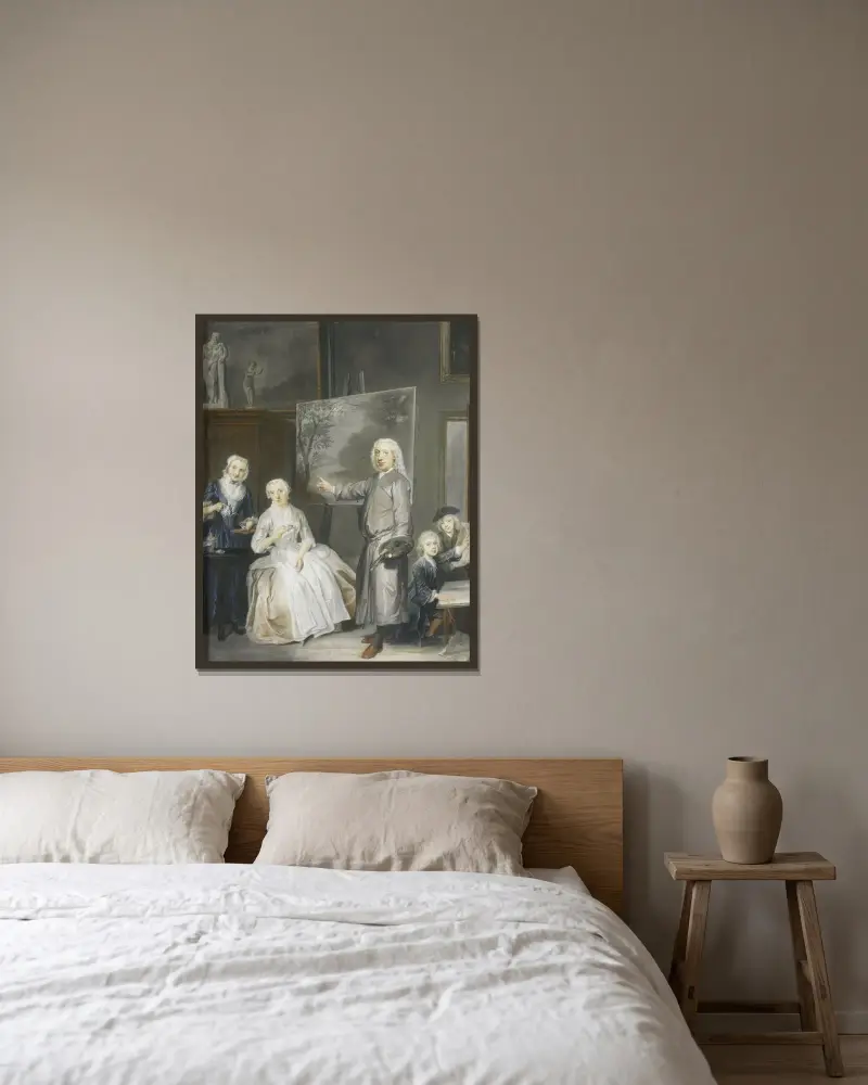 De landschapschilder Dirk Dalens III met zijn tweede echtgenote Maria Schaack en de kinderen Anna, Willem en Jacobus av Cornelis Troost inramad på en vägg
