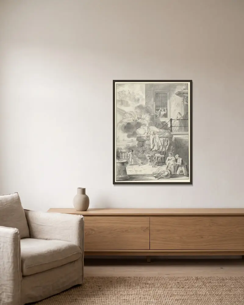 Didos Tod von Cornelis Troost gerahmt an einer Wand