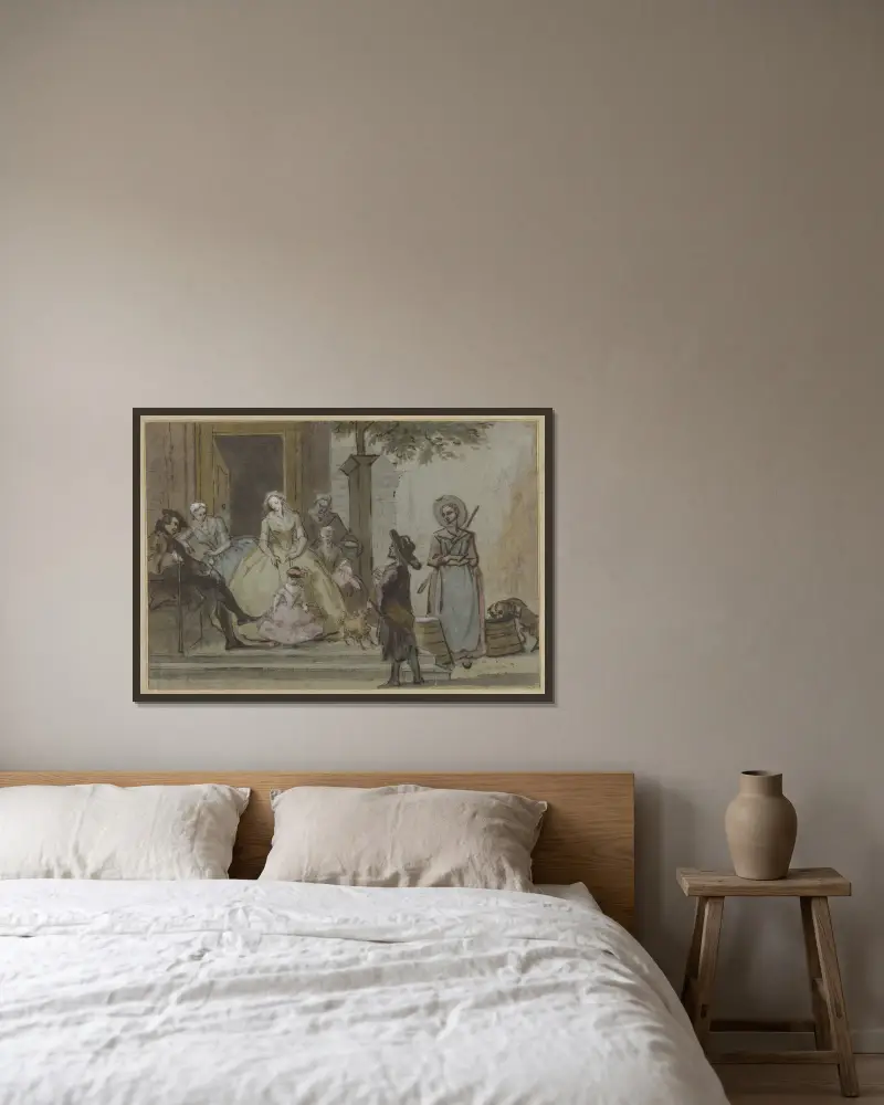 Draailier-speler voor een luisterende familie op de stoep van een stadshuis av Cornelis Troost inramad på en vägg
