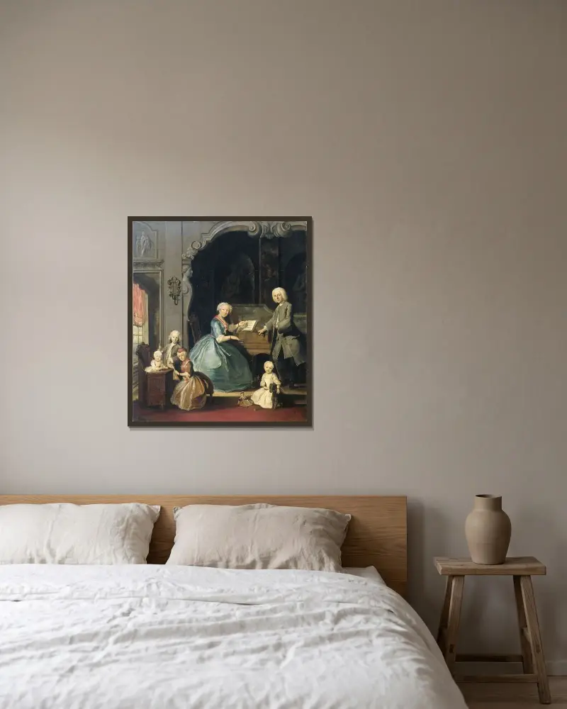 Familjegrupp vid ett cembalo av Cornelis Troost inramad på en vägg