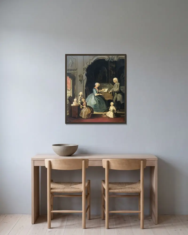 Familjegrupp vid ett cembalo av Cornelis Troost inramad på en vägg