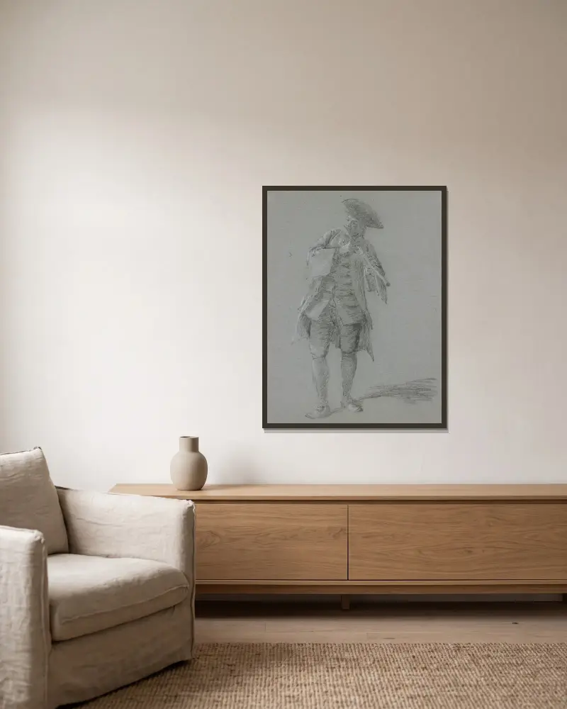 Flötenspielender Kavalier von Cornelis Troost gerahmt an einer Wand