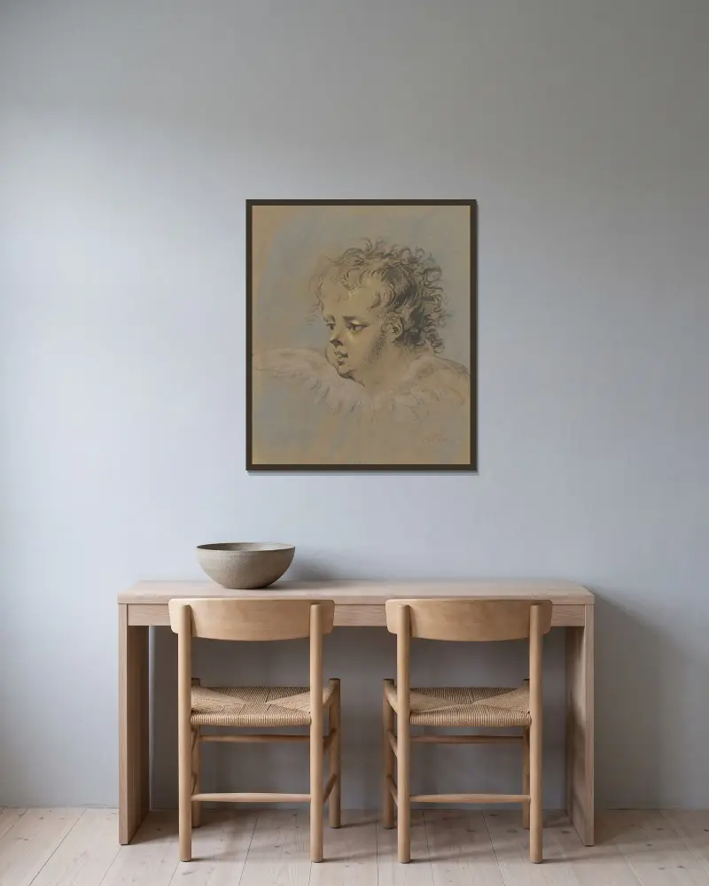 Bevingad änglahuvud (Gevleugeld engelenkopje) av Cornelis Troost inramad på en vägg