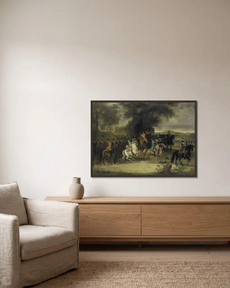 Inspektion av ett kavalleriregemente, möjligen av Vilhelm av Hessen-Homburg av Cornelis Troost inramad på en vägg