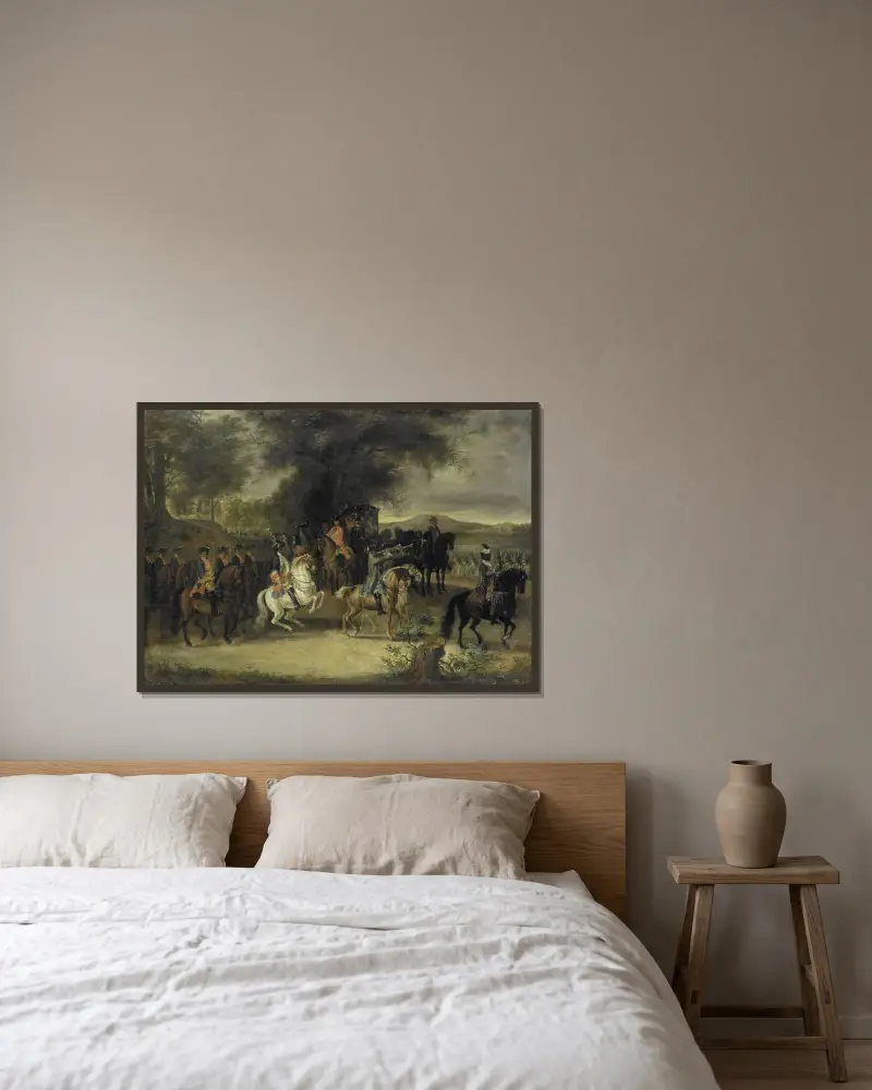 Inspektion av ett kavalleriregemente, möjligen av Vilhelm av Hessen-Homburg av Cornelis Troost inramad på en vägg