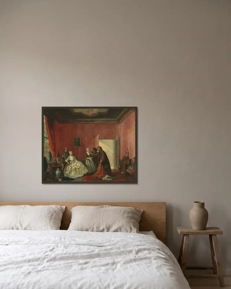 Johanna och de judiska köpmännen av Cornelis Troost inramad på en vägg