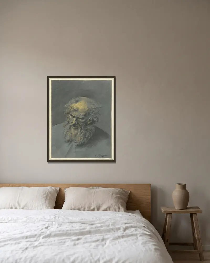Kopia av en gammal man med skägg (en apostel eller filosof) av Cornelis Troost inramad på en vägg