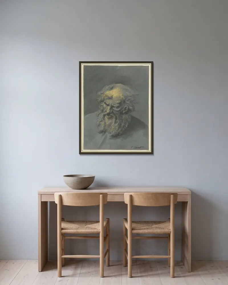 Kopia av en gammal man med skägg (en apostel eller filosof) av Cornelis Troost inramad på en vägg