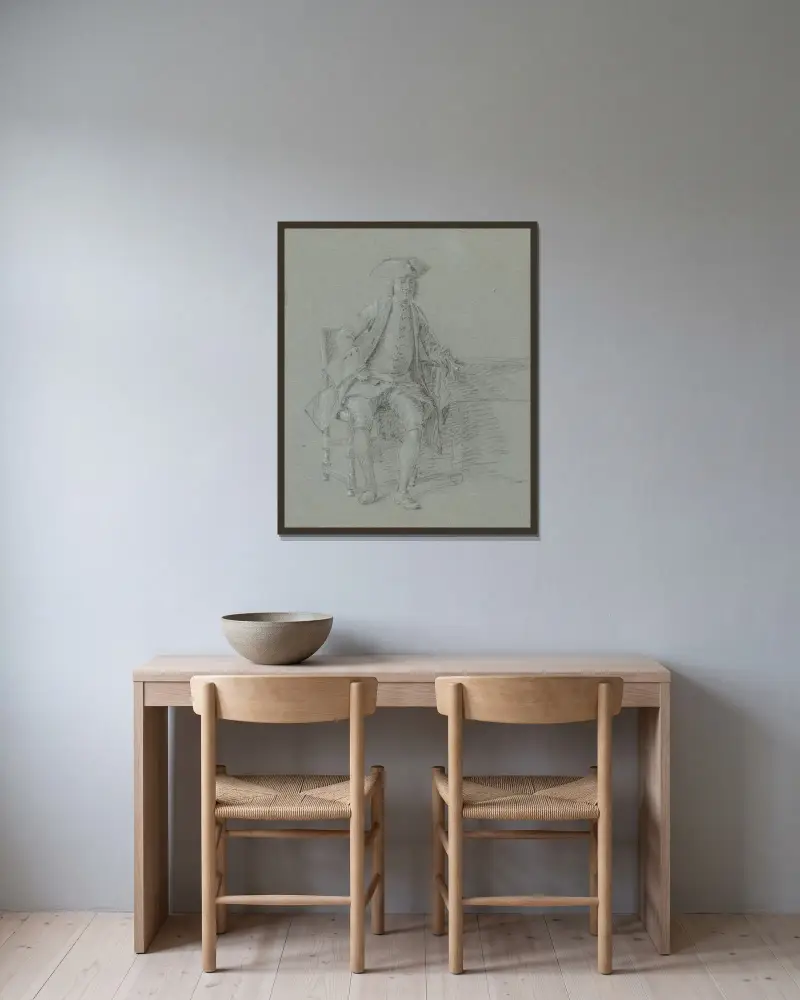 Mann mit Hut und langer Pfeife in der rechten Hand, an einem Tisch sitzend von Cornelis Troost gerahmt an einer Wand