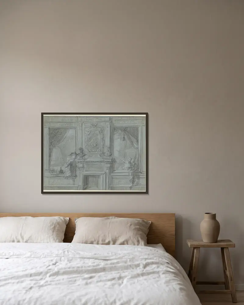 Ontwerp voor een kamerwand met schoorsteenstuk en beschilderingen av Cornelis Troost inramad på en vägg