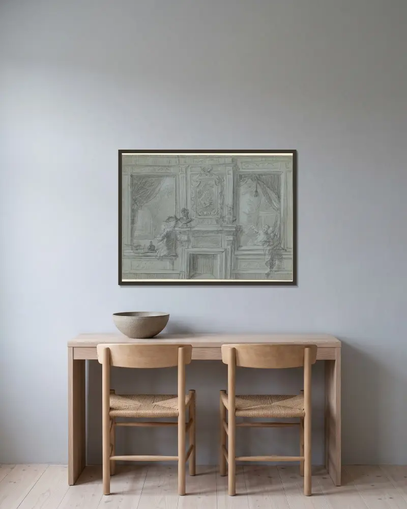 Ontwerp voor een kamerwand met schoorsteenstuk en beschilderingen av Cornelis Troost inramad på en vägg