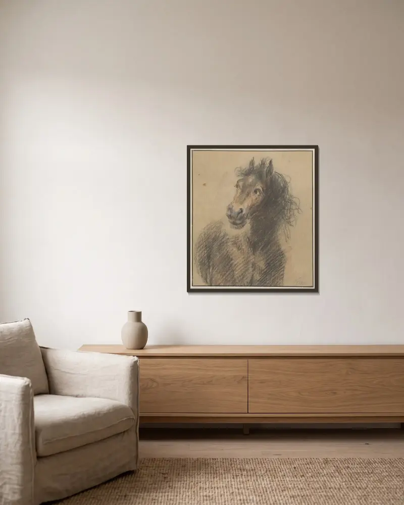 Pferd, von vorn gesehen, nach links blickend von Cornelis Troost gerahmt an einer Wand