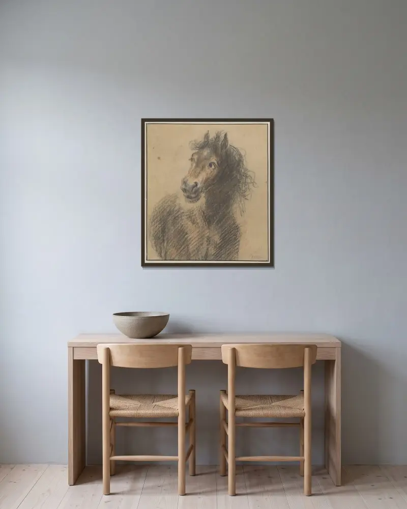 Pferd, von vorn gesehen, nach links blickend von Cornelis Troost gerahmt an einer Wand