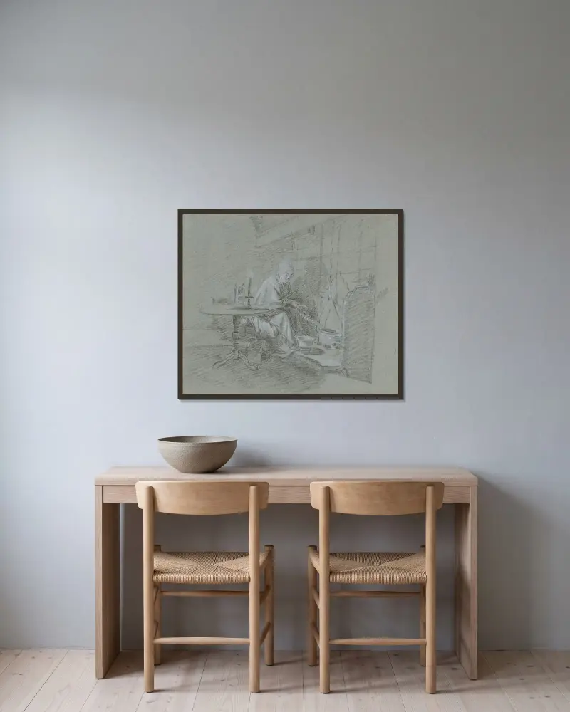 Kvinna som gräddar pannkakor av Cornelis Troost inramad på en vägg