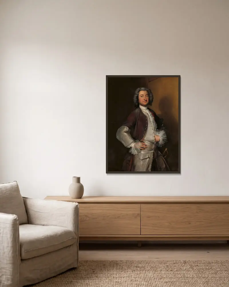 Portrait of Isaac Sweers, Chief Officer of Amsterdam and Governor of the Dutch East India Company av Cornelis Troost inramad på en vägg