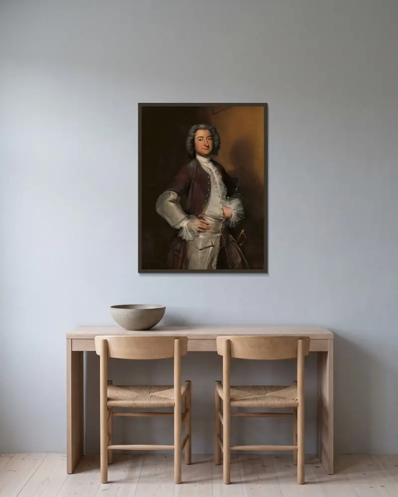Portrait of Isaac Sweers, Chief Officer of Amsterdam and Governor of the Dutch East India Company av Cornelis Troost inramad på en vägg