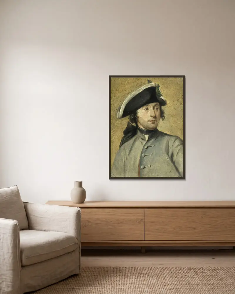Porträtt av Ludolf Backhuysen II, målare och dragon, sonson till marinkonstnären Ludolf Backhuysen I av Cornelis Troost inramad på en vägg