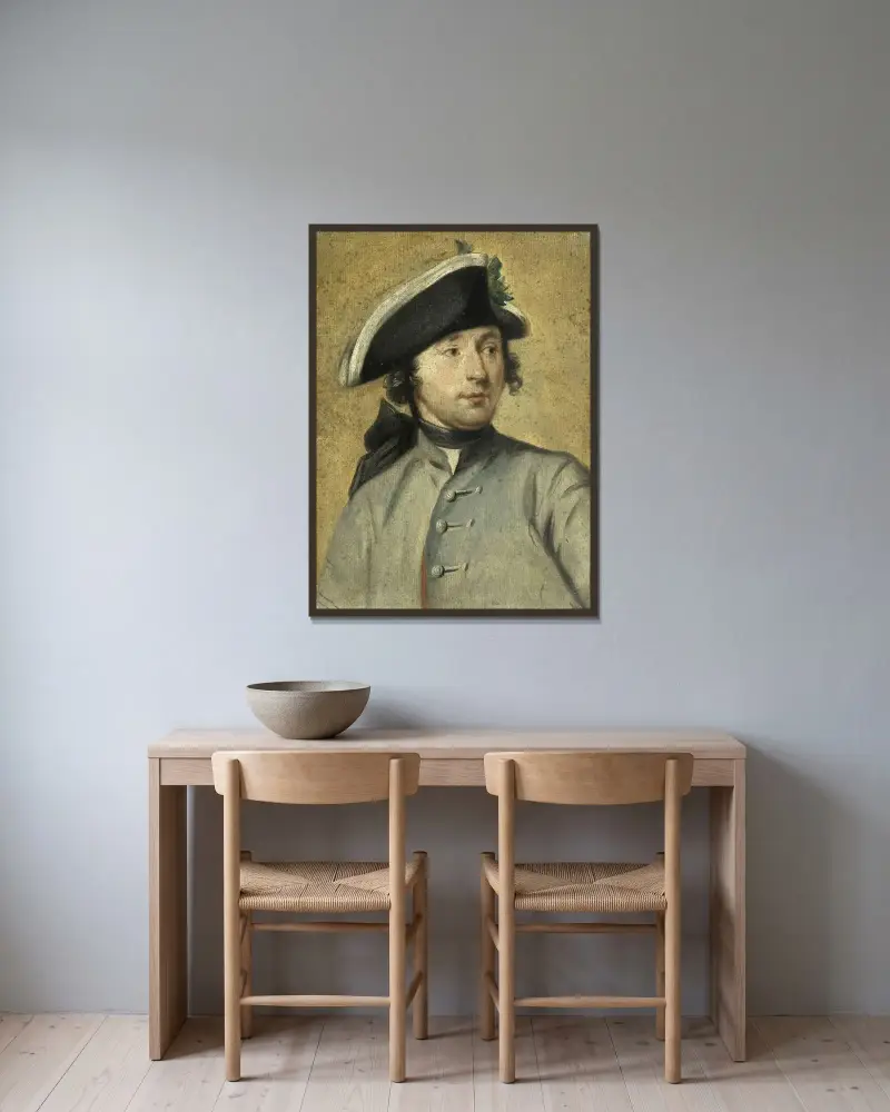 Porträtt av Ludolf Backhuysen II, målare och dragon, sonson till marinkonstnären Ludolf Backhuysen I av Cornelis Troost inramad på en vägg
