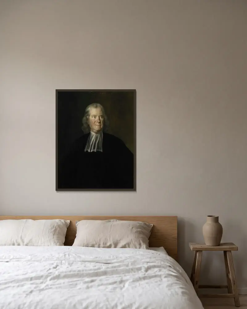 Porträtt av läkaren Herman Boerhaave, professor vid universitetet i Leiden av Cornelis Troost inramad på en vägg