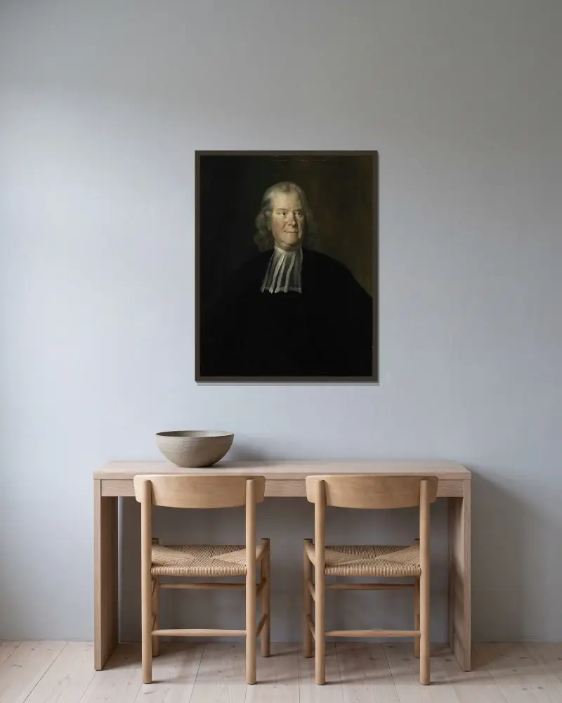 Porträtt av läkaren Herman Boerhaave, professor vid universitetet i Leiden av Cornelis Troost inramad på en vägg