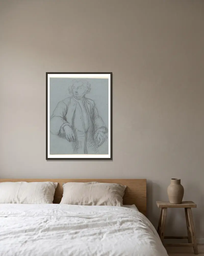 Portret van een onbekende man met lange jas, driekwart naar links av Cornelis Troost inramad på en vägg