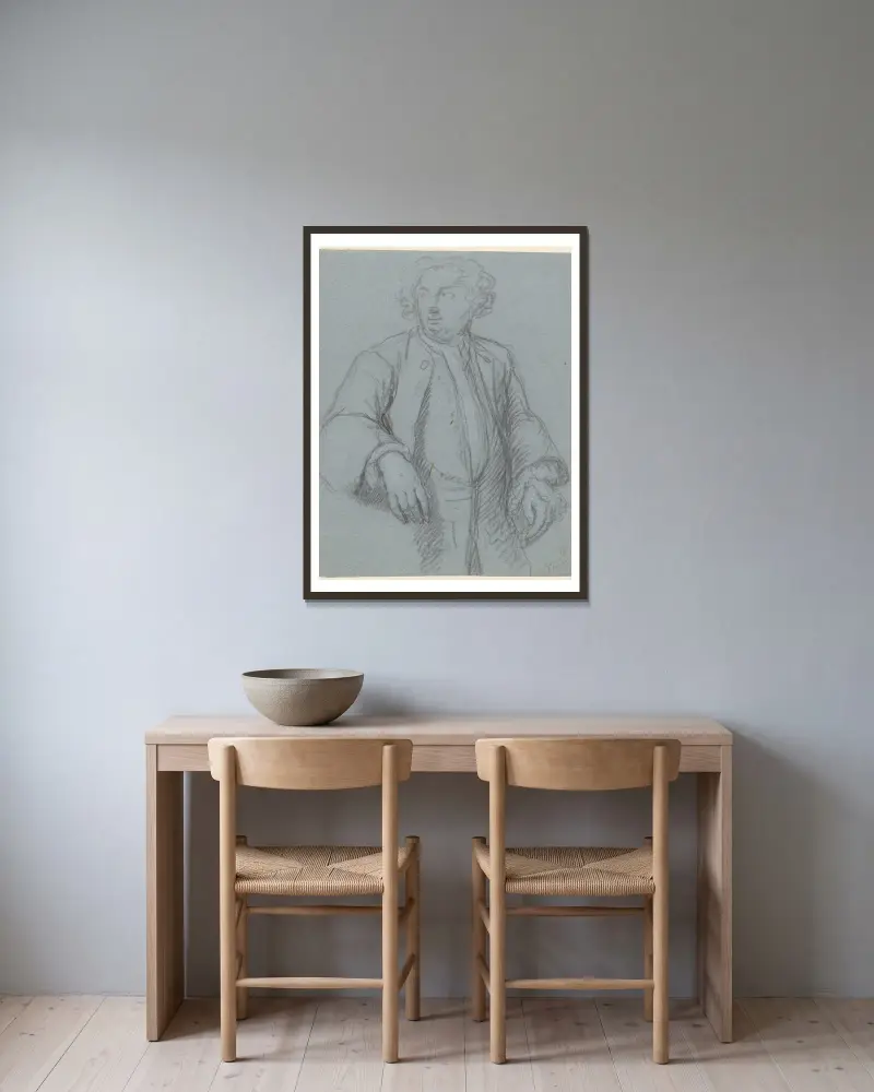 Portret van een onbekende man met lange jas, driekwart naar links av Cornelis Troost inramad på en vägg
