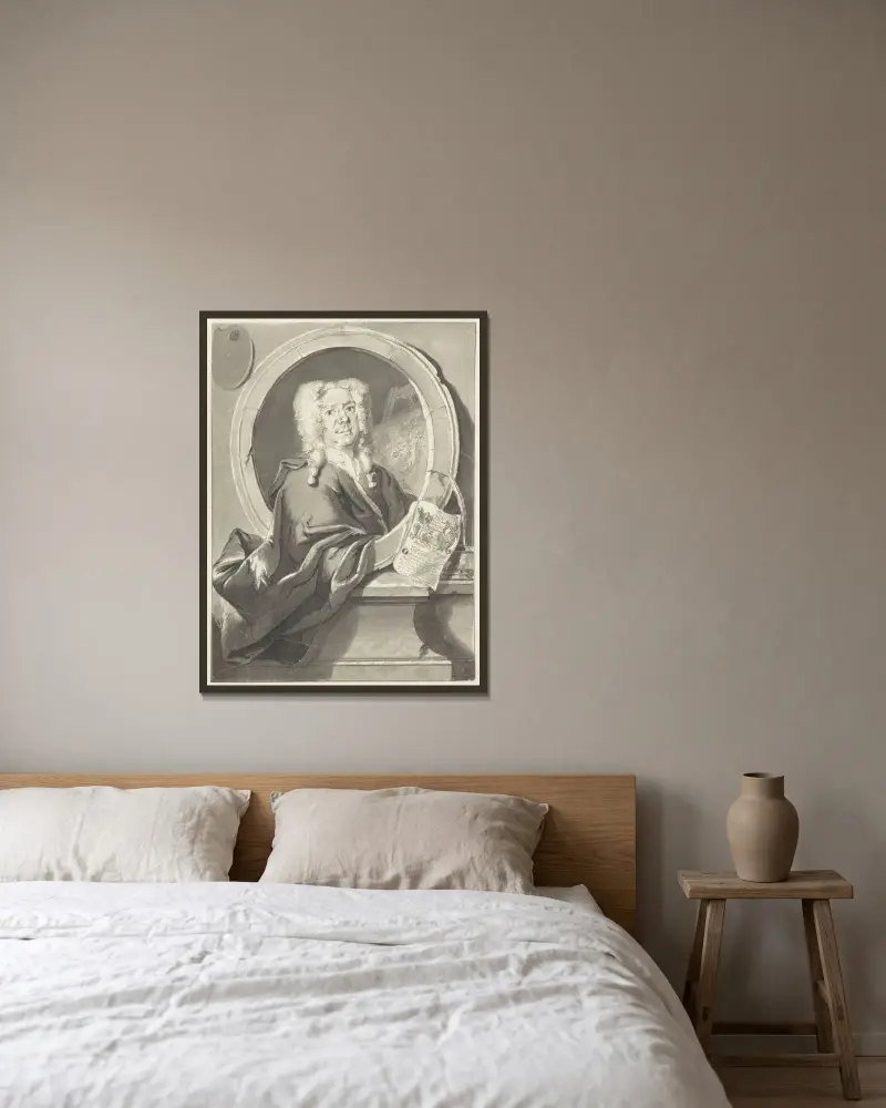 Porträtt av Jacob Campo Weyerman i medaillon av Cornelis Troost inramad på en vägg