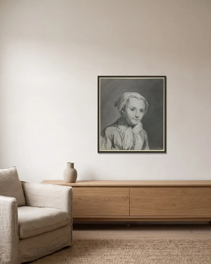 Porträtt av Sara Troost av Cornelis Troost inramad på en vägg