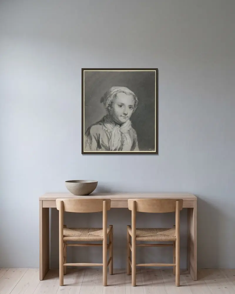 Porträtt av Sara Troost av Cornelis Troost inramad på en vägg
