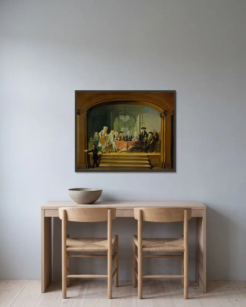 Föreståndarna för Aalmoezeniersweeshuis barnhem i Amsterdam, 1729 av Cornelis Troost inramad på en vägg