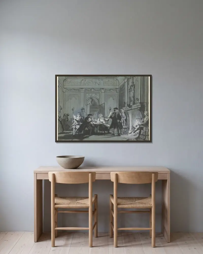 Samenkomst met kunstbeschouwing av Cornelis Troost inramad på en vägg
