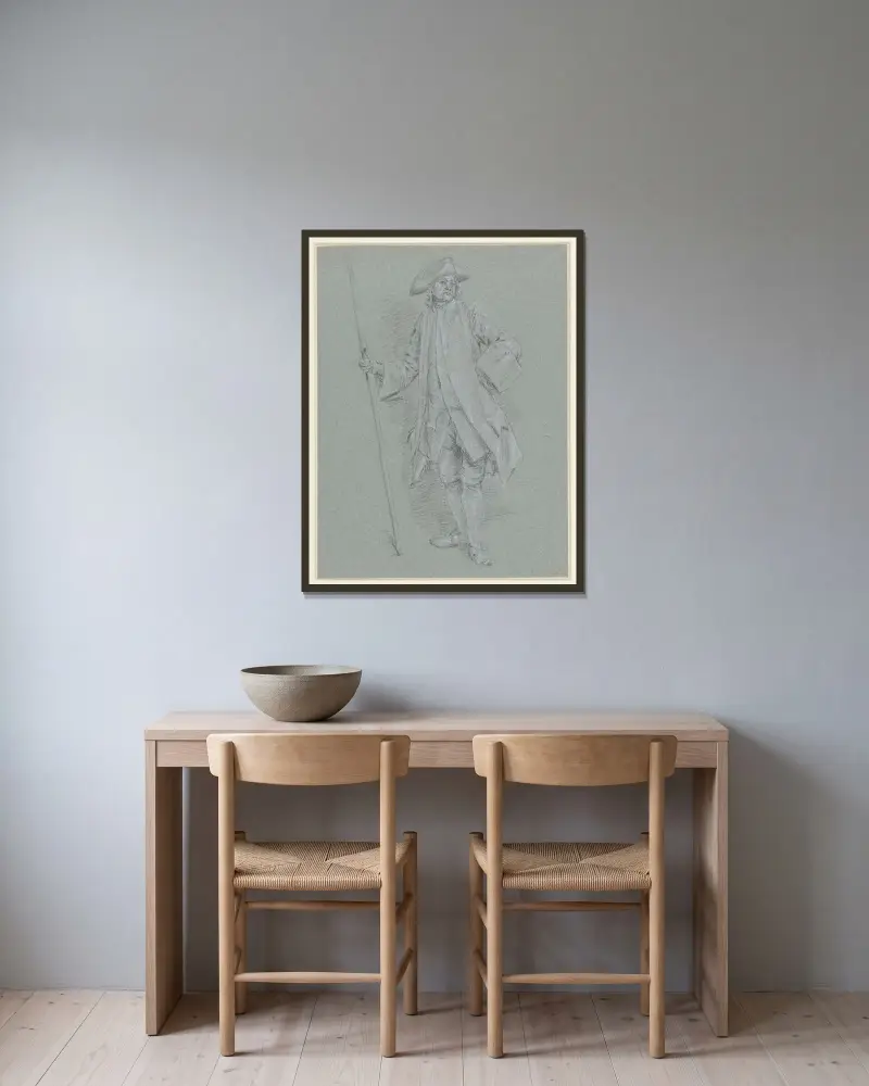 Stående man med stick av Cornelis Troost inramad på en vägg