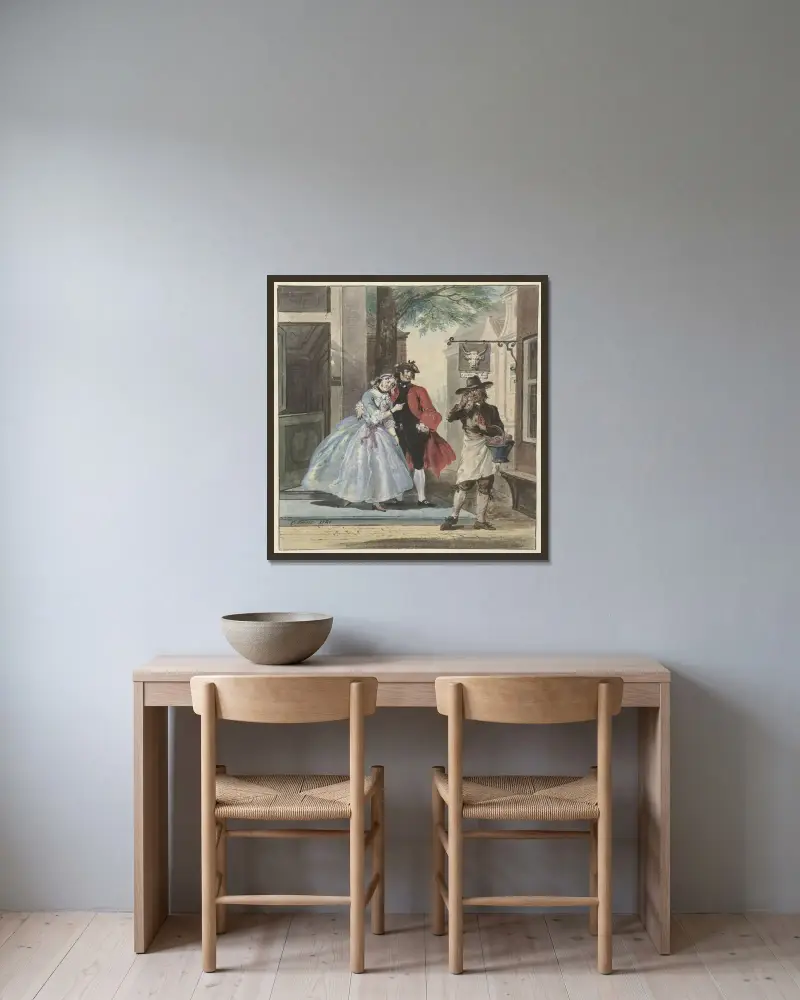Teaterscen från Pefroen med fårhuvudet av Cornelis Troost inramad på en vägg