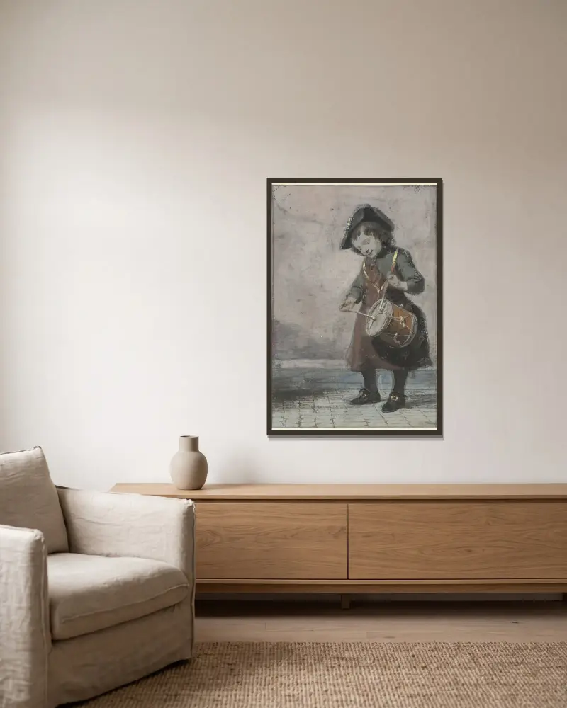 Trommelnder Junge von Cornelis Troost gerahmt an einer Wand
