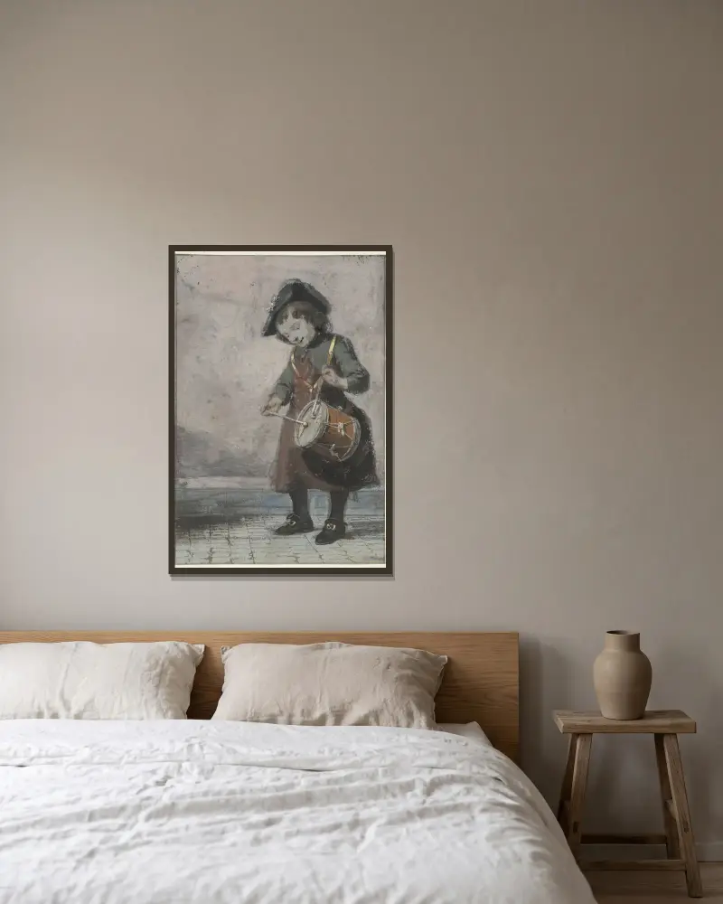 Trommelnder Junge von Cornelis Troost gerahmt an einer Wand