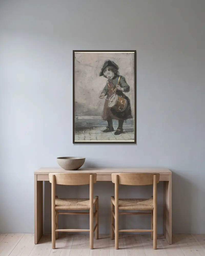 Trommelnder Junge von Cornelis Troost gerahmt an einer Wand