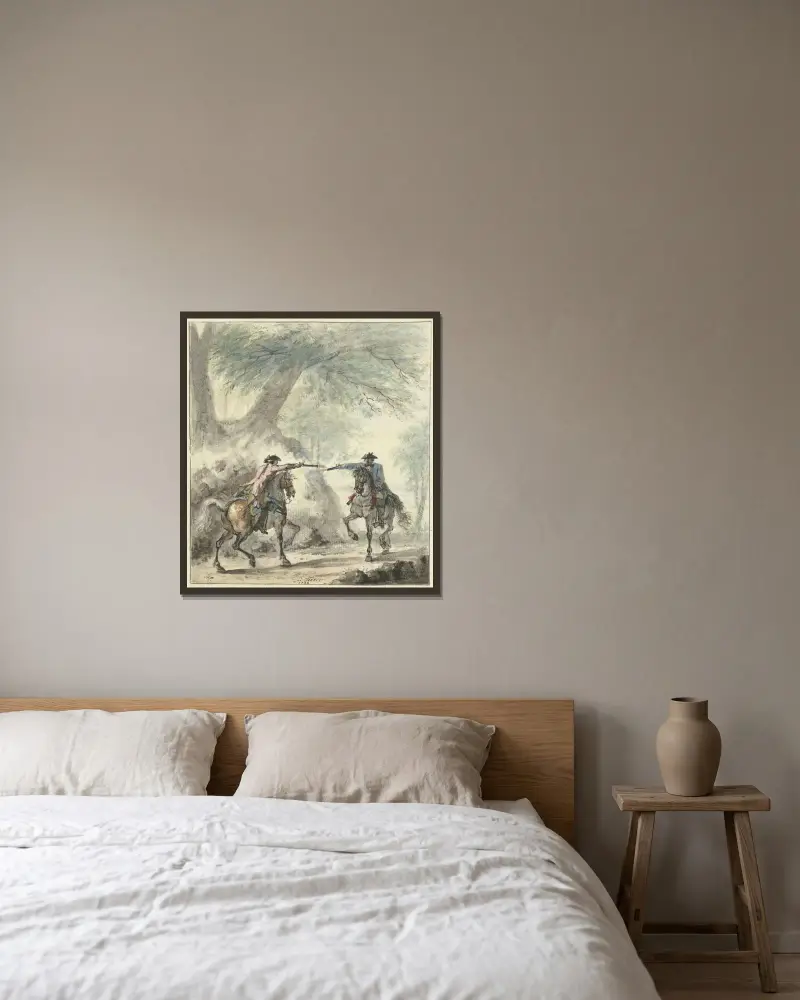 Zwei Reiter, die sich auf einem Waldweg begegnen und aufeinander schießen von Cornelis Troost gerahmt an einer Wand