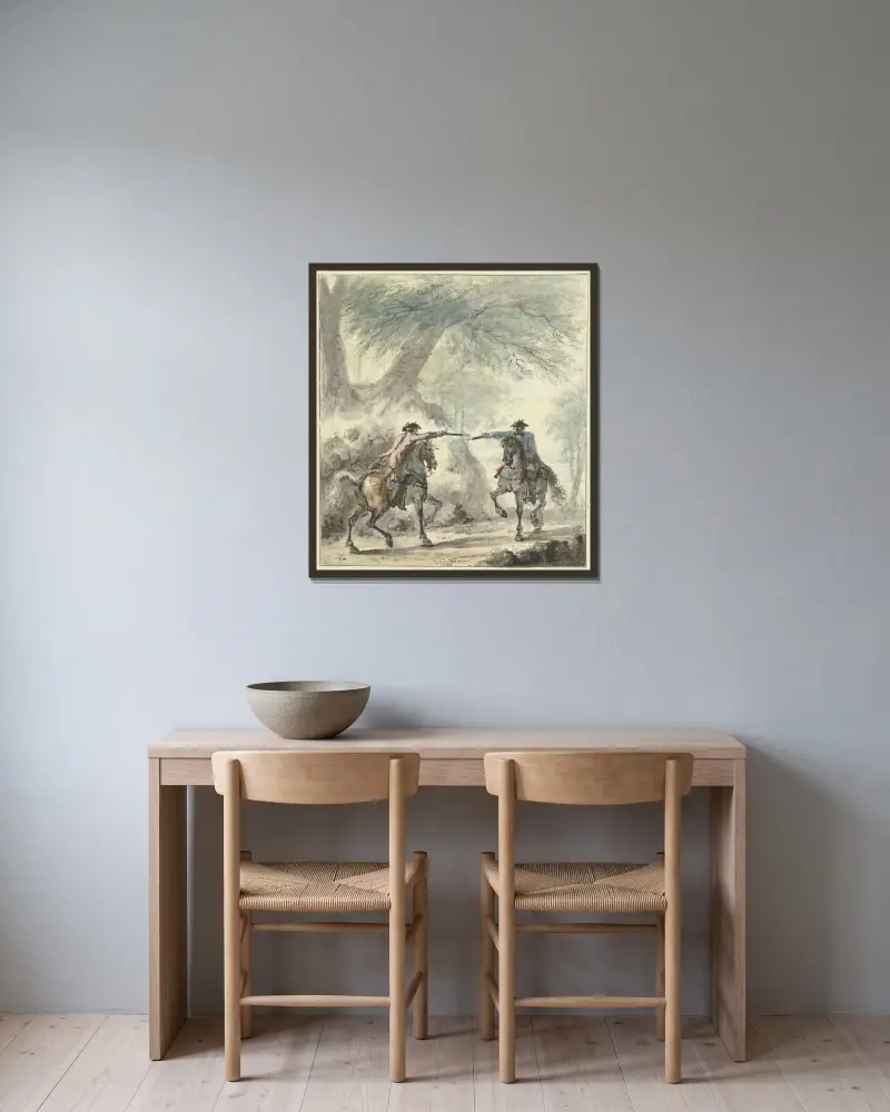Zwei Reiter, die sich auf einem Waldweg begegnen und aufeinander schießen von Cornelis Troost gerahmt an einer Wand