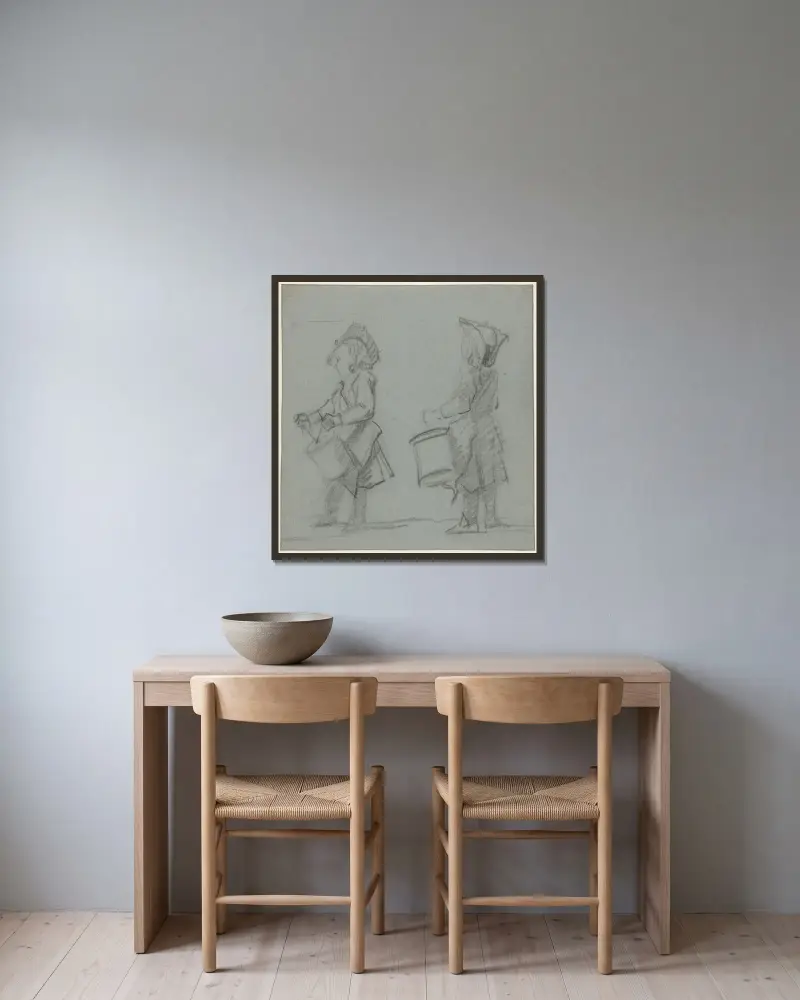 Två studier av en trummande pojke av Cornelis Troost inramad på en vägg