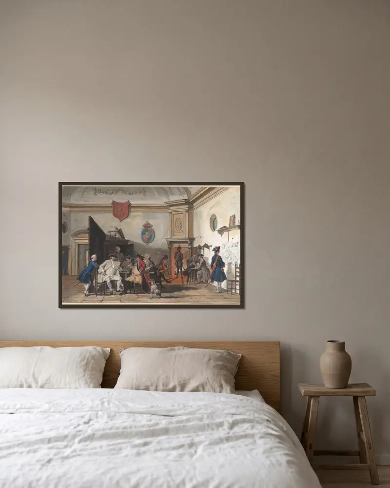 Wachtlokaal met lezende, rokende en kaartspelende officieren av Cornelis Troost inramad på en vägg