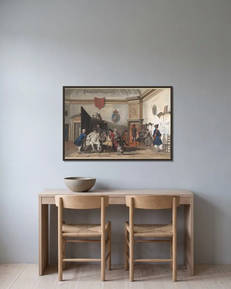 Wachtlokaal met lezende, rokende en kaartspelende officieren av Cornelis Troost inramad på en vägg