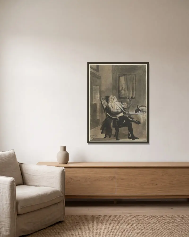 Sitzender Mann, bei Kerzenlicht eine Pfeife rauchend, während draußen Häuser in Brand stehen von Cornelis Troost gerahmt an einer Wand