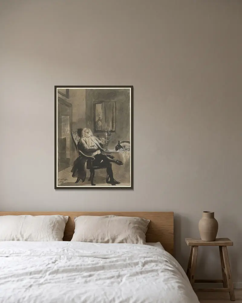 Sitzender Mann, bei Kerzenlicht eine Pfeife rauchend, während draußen Häuser in Brand stehen von Cornelis Troost gerahmt an einer Wand