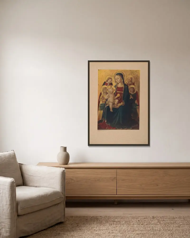 Bartolomeo Caporali, Madonna med barnet och änglar av Corrado Ricci inramad på en vägg