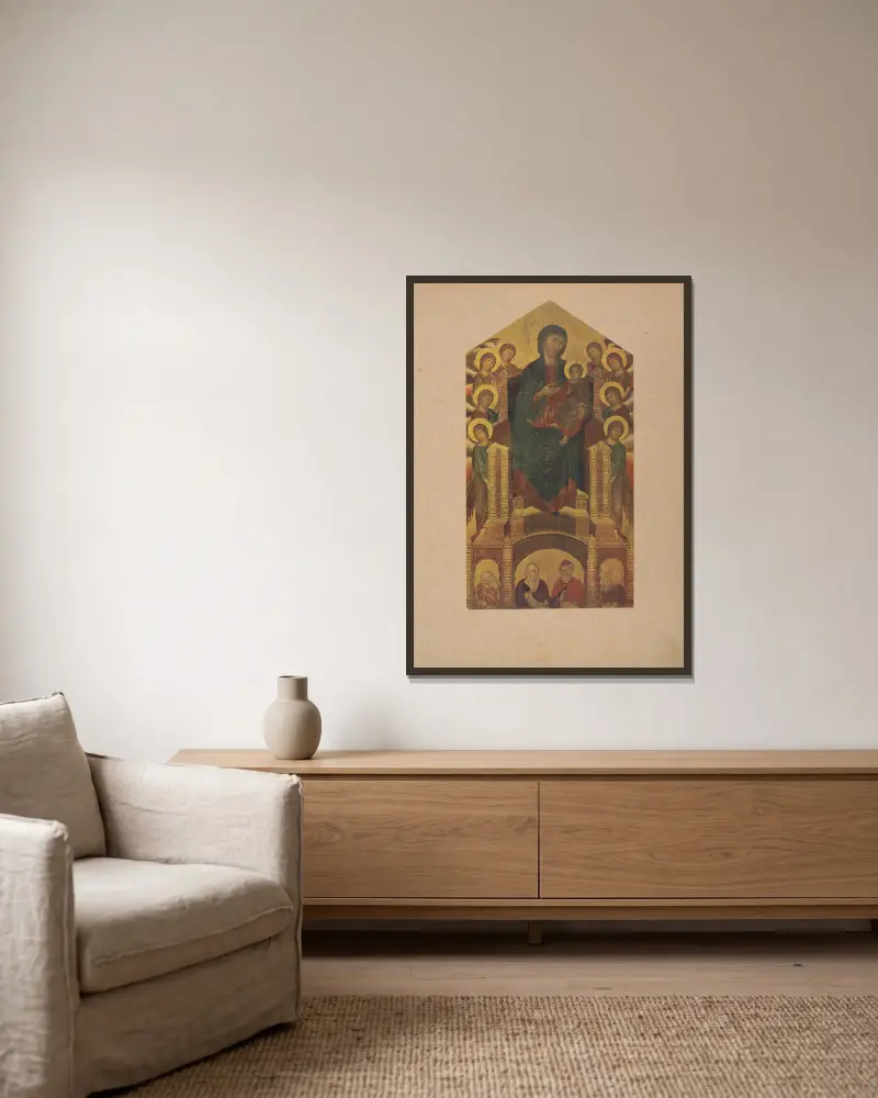 Cimabue, Madonna col Bambino, angeli e santi av Corrado Ricci inramad på en vägg