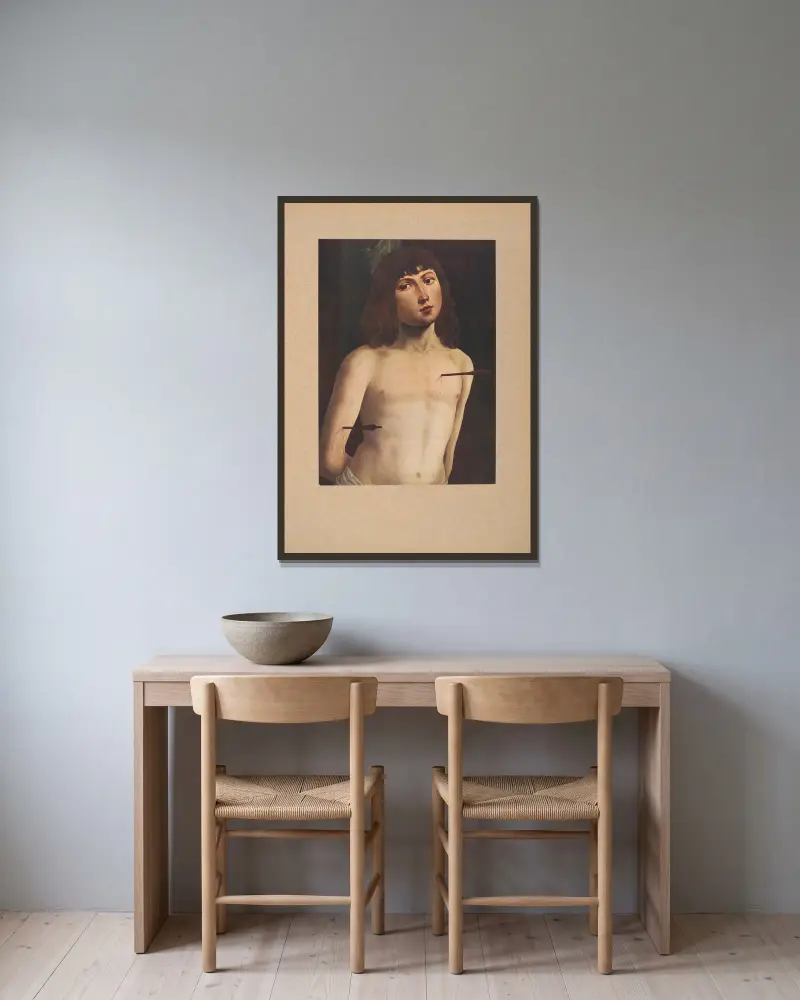 Lorenzo Costa, S. Sebastiano av Corrado Ricci inramad på en vägg