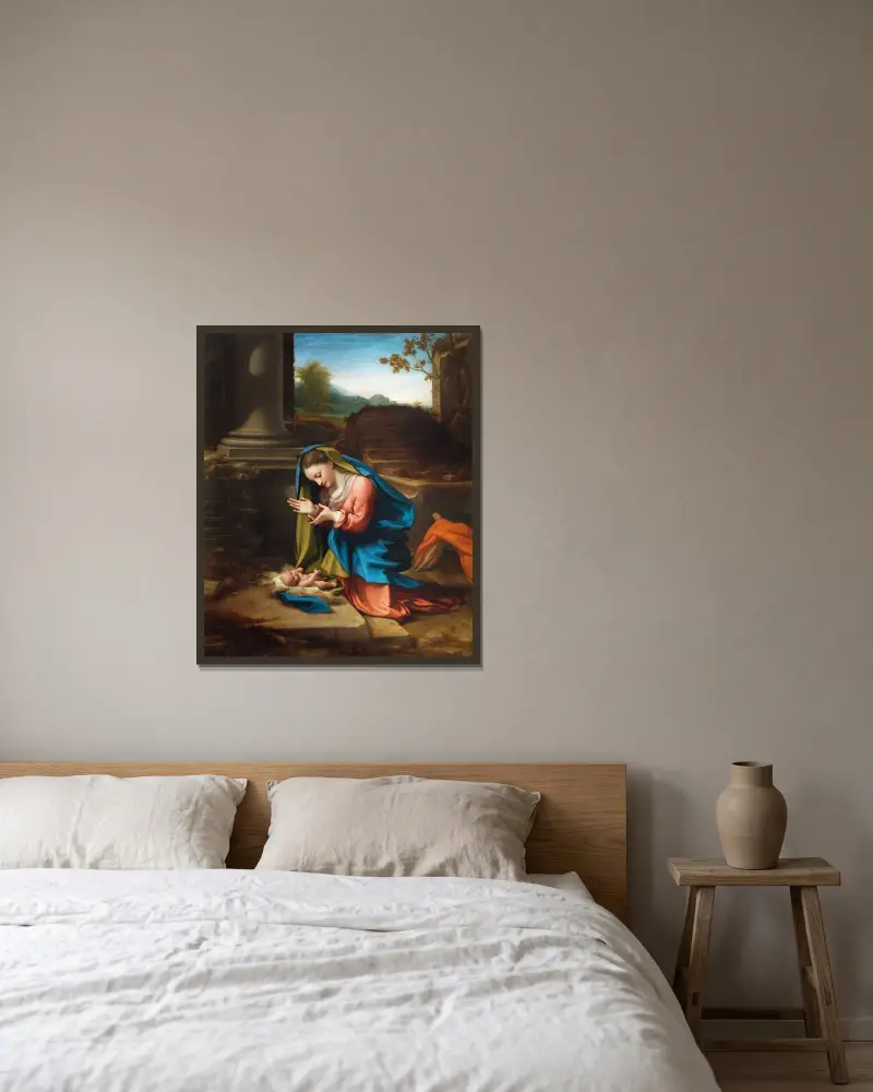 Tillbedjan av Kristusbarnet av Correggio inramad på en vägg